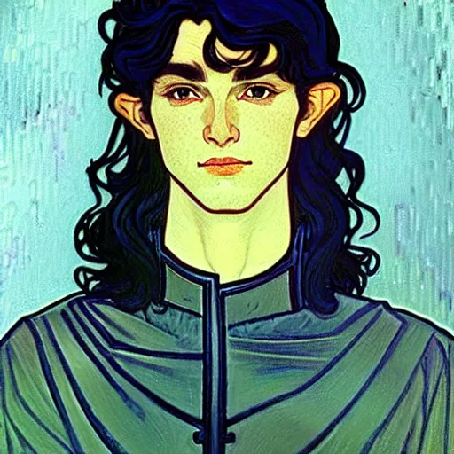 Image similar to painting of young handsome beautiful paladin elf! man with long wavy dark hair in his 2 0 s named shadow taehyung at the blueberry party, wearing armor!, elegant, clear, painting, stylized, delicate, soft facial features, art, art by alphonse mucha, vincent van gogh, egon schiele,