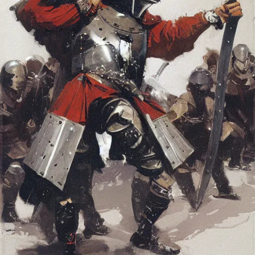 Prompt: man wearing gambeson and bascinet helmet, swinging sword, fighting, detailed by greg manchess, craig mullins, bernie fuchs, walter everett