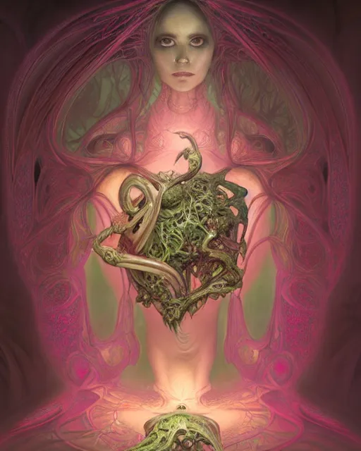 Prompt: fractal lovers by giger, ethereal, passionate pose, golden ratio, deep focus, d & d, dark fantasy, intricate pink green glow accents, elegant, highly detailed, digital painting, artstation, devianart, concept art, matte, sharp focus, octane render, hearthstone, art by artgerm and greg rutkowski and alphonse mucha