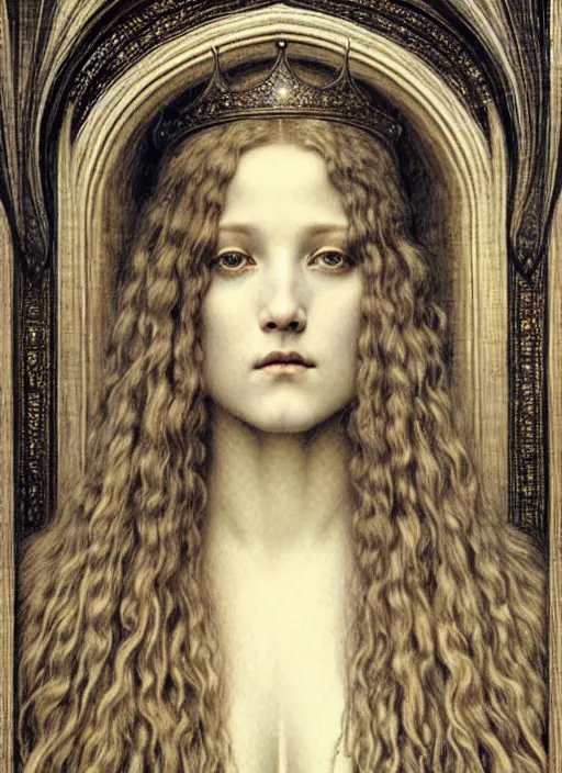 Image similar to detailed realistic beautiful young medieval queen face portrait by jean delville, gustave dore and marco mazzoni, art nouveau, symbolist, visionary, gothic, pre - raphaelite. horizontal symmetry