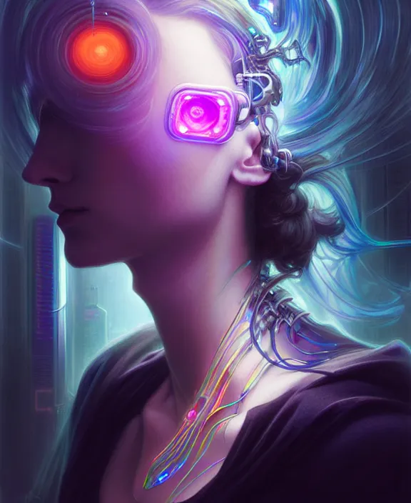 Image similar to a whirlwind of souls rushing inside the metaverse, hologram, half body, neurochip, shaved temple, piercing, jewelry, android, cyborg, cyberpunk face, by loish, d & d, fantasy, intricate, elegant, highly detailed, colorful, digital painting, artstation, concept art, art by artgerm and greg rutkowski and alphonse mucha