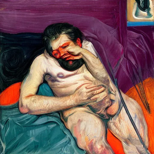 Image similar to high quality high detail expressionist painting of a man sick in bed by lucian freud and jenny saville and francis bacon and francisco goya and edvard munch, hd, anxiety, turquoise and purple and orange and pink