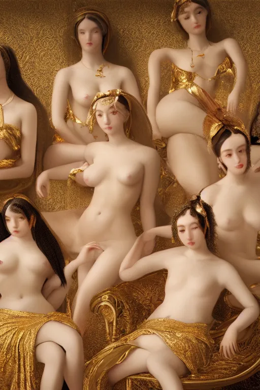 Image similar to masterpiece portrait of bathing beauties dressed in golden oriental ornaments, by Jean-Auguste-Dominique Ingres, wide angle, minimalistic cinematic composition, octane render, bokeh, unreal engine, 4k, 3d render, ultra-detailed, fantastic, great, beautiful