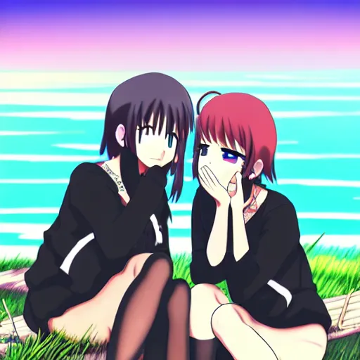 Image similar to two beautiful lesbian girls in love, smoking a hemp cigarette with smoke, sitting in front of a lake, in the style of anime, close - up, pixiv, intricate, elegant, highly detailed, lush, stylized, japanese, smooth