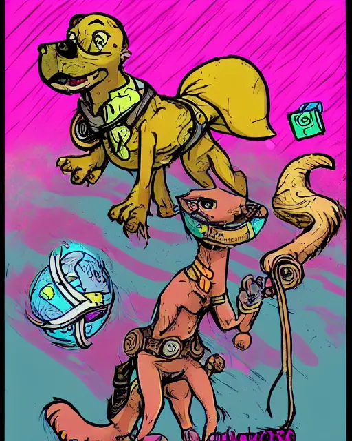 Image similar to cute wasteland mutant dog dressed in 80s clothing + wry expression + 80s talismans + cool street style + relaxed pose + centre image + in the style of Don Bluth and Peter Laird + moebius style + hearthstone color style + jack kirby inked line drawing