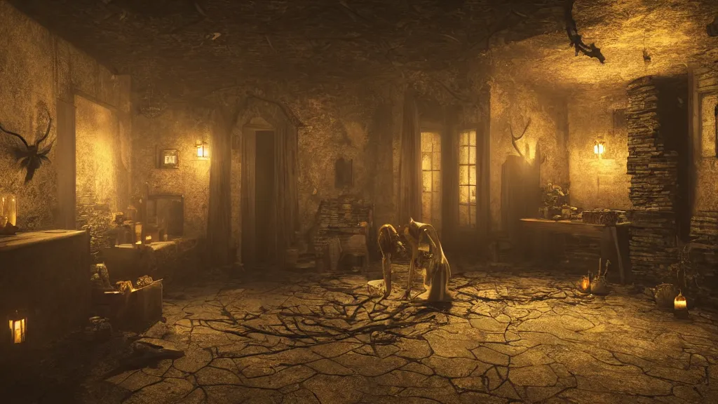 Image similar to A witch in the shadows of a dark decrepit medieval cottage at night, highly detailed interior, hyperrealistic, Lumion render, 8k UHD