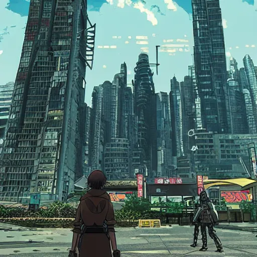 Prompt: “arasaka tower grounds being patrolled by mechs. Dystopian Anime background art in the style of Akira. HD hyperrealistic 8K photomode.”