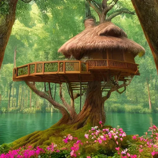 Prompt: fancy treehouse in the enchanted forest with flowers growing in trees over lake photo realistic unreal engine 3d render environment