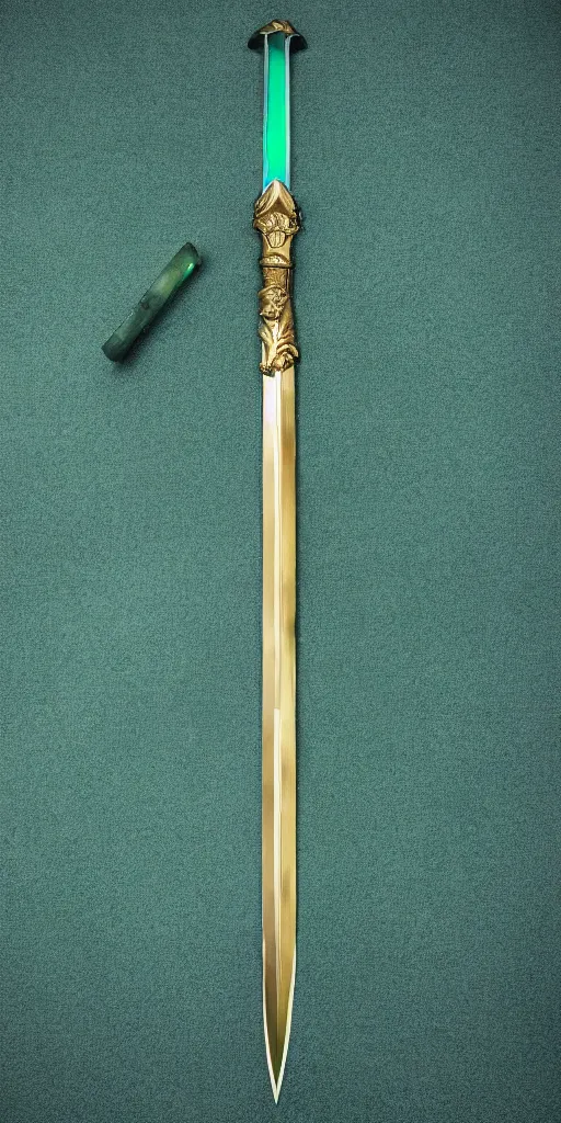 Image similar to photograph of a wide green and teal crystal sword blade attached to a big gold sword hilt