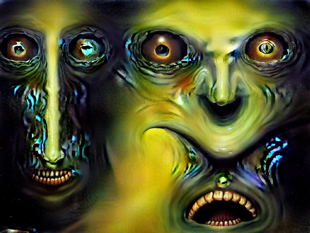 Prompt: a face split in two, one side furious and the other calm, one eye in the middle of the forehead with tears streaming down, large room with faceless beings watching, 4 k, art by jaroslaw jasnikowski
