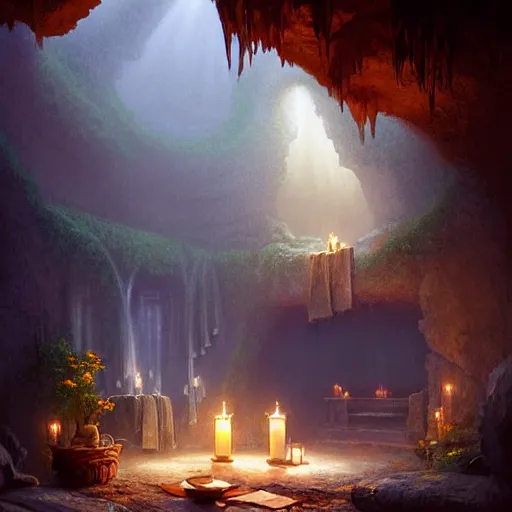 Image similar to cozy bathhouse hidden in a cave, candlelight, towels, cushions, natural light, lush plants and flowers, elegant, intricate, fantasy, atmospheric lighting, digital painting, Greg Rutkowski concept art