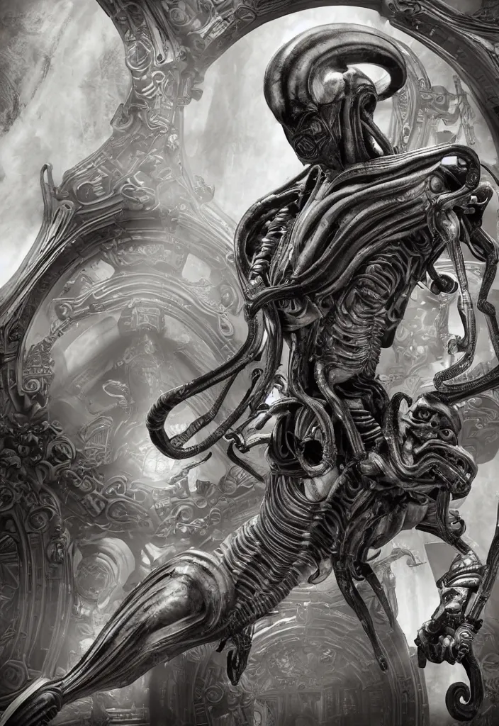 Image similar to engineer prometheus, xenomorph alien, highly detailed, symmetrical long head, smooth marble surfaces, detailed ink illustration, raiden metal gear, cinematic smooth stone, deep aesthetic, concept art, post process, 4k, carved marble texture and silk cloth, latex skin, highly ornate intricate details, prometheus, evil, moody lighting, hr geiger, hayao miyazaki, indsutrial Steampunk