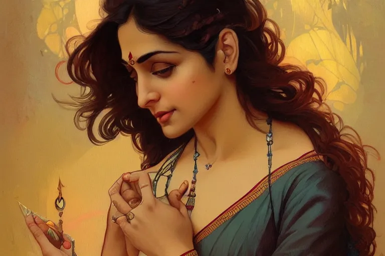 Image similar to sensual pale beautiful indian doctor in jeans, art deco portrait, elegant, intricate, digital painting, artstation, concept art, smooth, sharp focus, illustration, art by artgerm and greg rutkowski and alphonse mucha