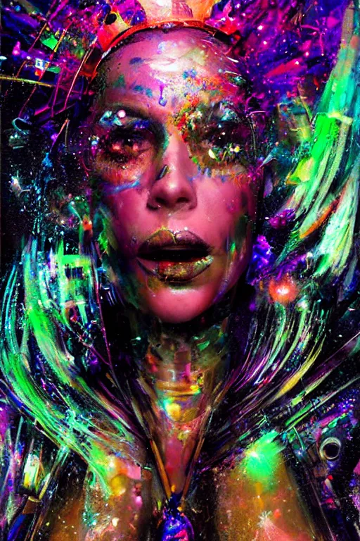 Image similar to portrait, headshot, digital painting, an delightfully mad techno - shaman lady, synthwave, glitter makeup, glitch, chromatic aberration, fracture, crystal explosion, realistic, hyperdetailed, chiaroscuro, concept art, painterly, art by john berkey