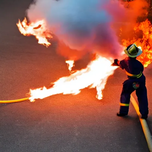 Image similar to a clown wearing firefighter clothes, using a flamethrower projecting a bright flame towards a dumpster fire