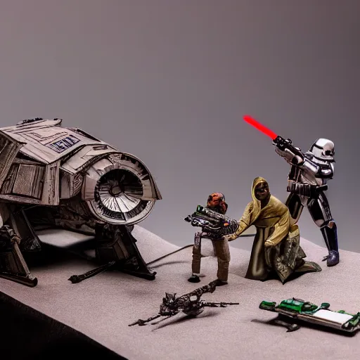 Image similar to a detailed photo of a diorama with star wars toys, macro photography, zoom, model trees, table, studio lighting