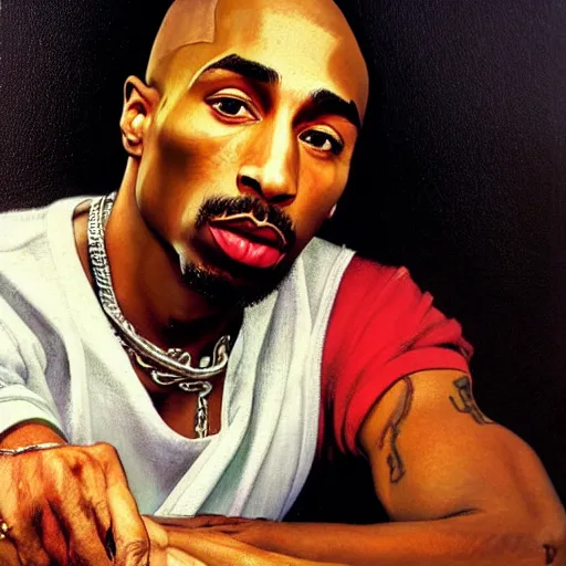 Prompt: a portrait painting of Tupac shakur. Painted by Norman Rockwell