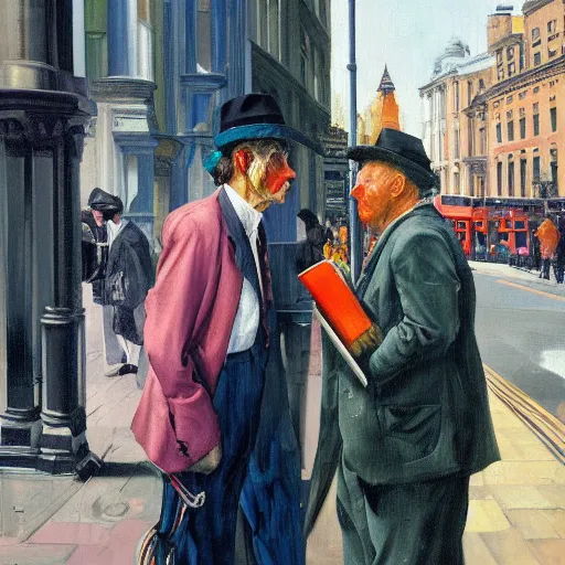 Image similar to high quality high detail painting of two men talking in the city streets of london by lucian freud and edward hopper and jenny saville and francis bacon and norman rockwell and malcom liepke and nicola samori, hd, turquoise and purple and orange and pink, dark atmosphere