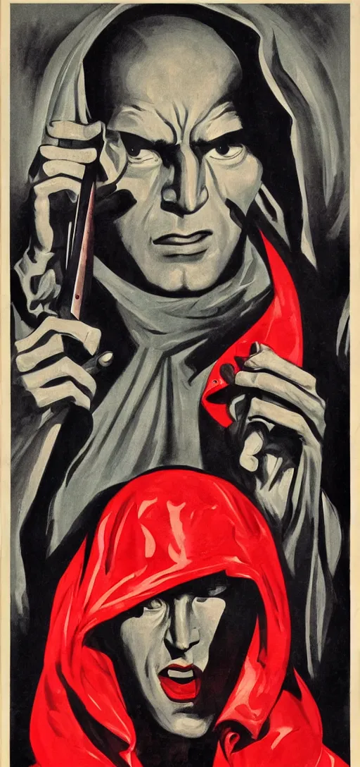 Image similar to mistery man in hood and red eyes with a knife, 1940s propaganda poster, full hd,highly detailed