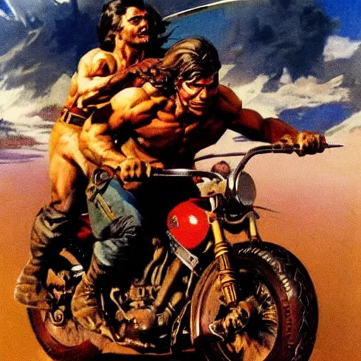 Prompt: into glory ride, artwork by Frank Frazetta, motorcycle, muscular man riding into battle holding sword