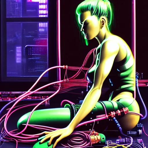 Image similar to a detailed airbrush cyberpunk illustration of a female android seated on the floor in a tech labor, seen from the side with her body open showing cables and wires coming out, by masamune shirow, hajime sorayama, boris vallejo and katsuhiro otomo, japan, 1980s, dark, colorful