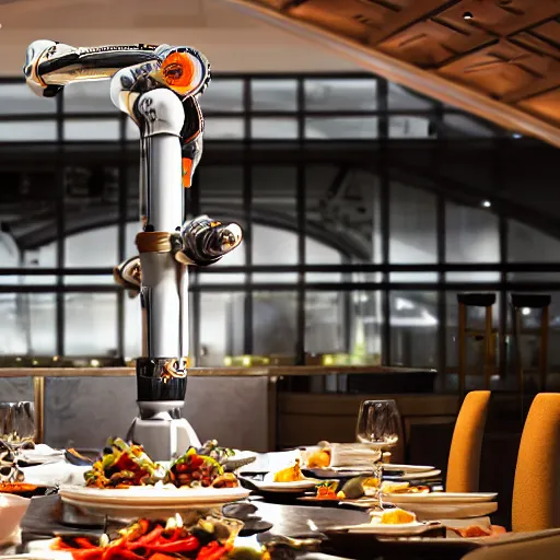 Image similar to kuka industrial robot arms around the dinner table of a fine dining restaurant with global illumination