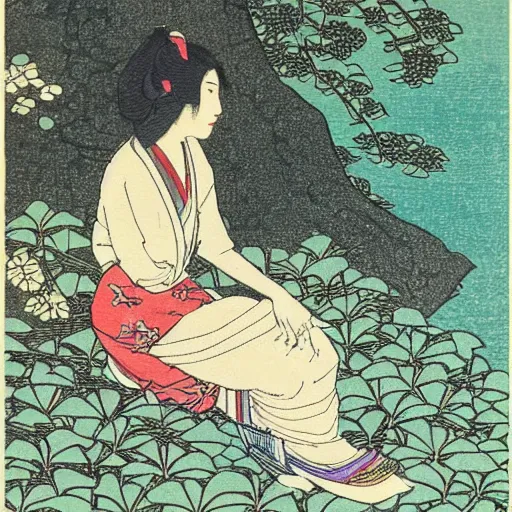 Image similar to hiroshi yoshida woodblock print. beautiful woman sitting near pond.