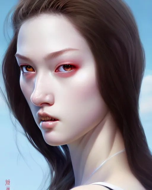 Image similar to face closup portrait view of caucasian caucasoid pale skin beauty, bikini armor, paint by ilya kuvshinov and ross tran and karol bak and stanley lau and anna dittmann and artgerm and xiaoguang sun and tian zi