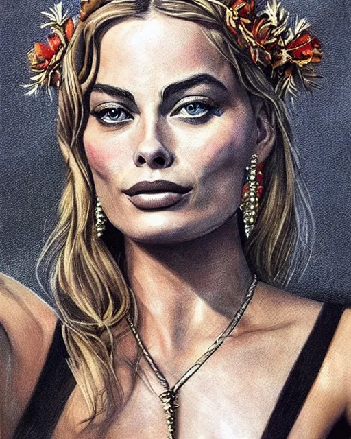 Image similar to realism tattoo sketch of margot robbie as a beautiful greek goddess aphrodite with piercing eyes wearing a laurel wreath and triangle earrings, in the style of greg rutkowski, amazing detail