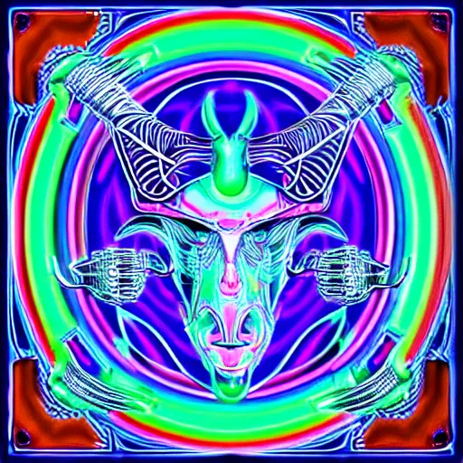 Image similar to biomechanical baphomet sigil merged with mainframe circuitry, multicolored digital art