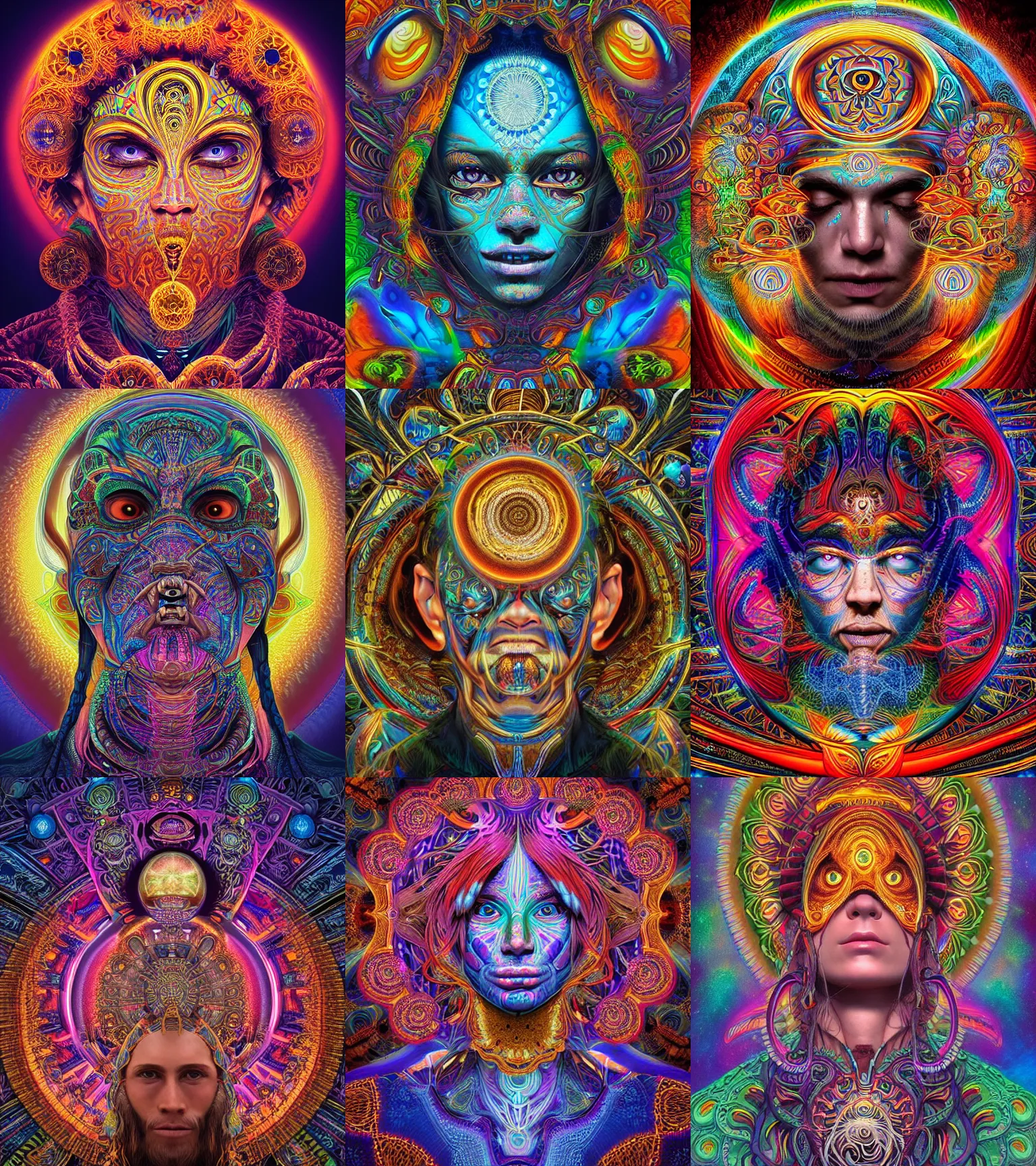 Prompt: a intricate ornate psychedelic image of a shaman with a glowing third eye, digital art by artgerm, alex grey, dan mumford, felix kelly, psychedelic art, psychedelic, fractalism, fractals, sacred geometry, filigree, trending on artstation, hyper realism, highly detailed, cgsociety, octane render, raytracing, 3 d