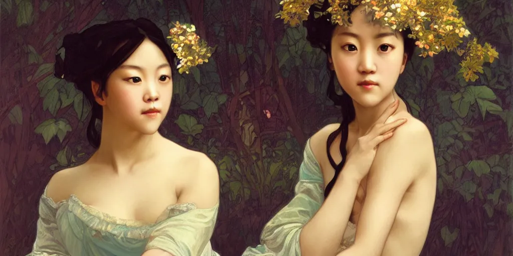 Image similar to a portrait of a very seductive Tang Wei, in the style of WLOP and Alphonse Mucha and Ross Tran, realistic, seductive, closeup, facing the camera, dramatic lighting