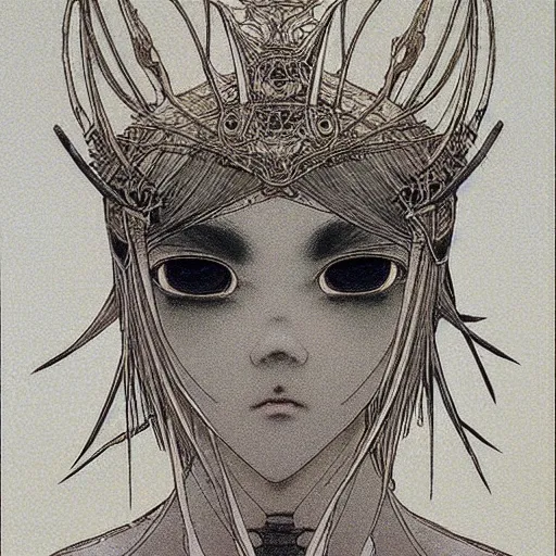 Image similar to prompt: Fragile looking vessel portrait soft light drawn by Takato Yamamoto, inspired by Fables, weapons around the face ancient dark chrome knight armor, magical and alchemical objects on the side, soft light, white background, intricate detail, intricate oil painting detail, sharp high detail, manga and anime 2000