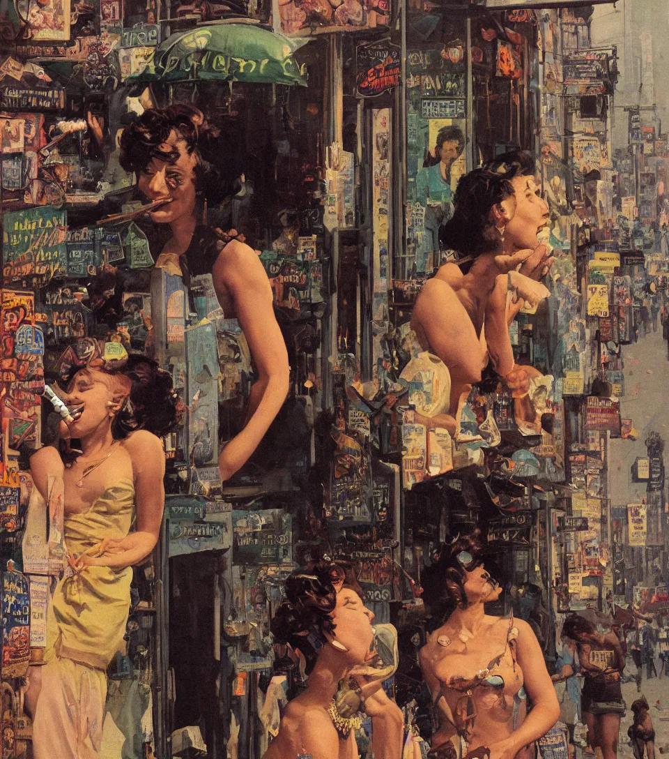 Prompt: standing portrait of ecstatic sza looking into the camera standing smoking a cigarette, summer, warm street lights store front, 1 9 6 0 s technicolor, intricate, moody, personal, highly detailed, short focus depth, donato giancola, joseph christian leyendecker, frank frazetta, alex horley, ralph horsley, michael whelan, 2 0 0 mm focal length