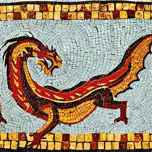 Prompt: a beautiful roman mosaic of a welsh dragon, england, circa 2 0 0 ad