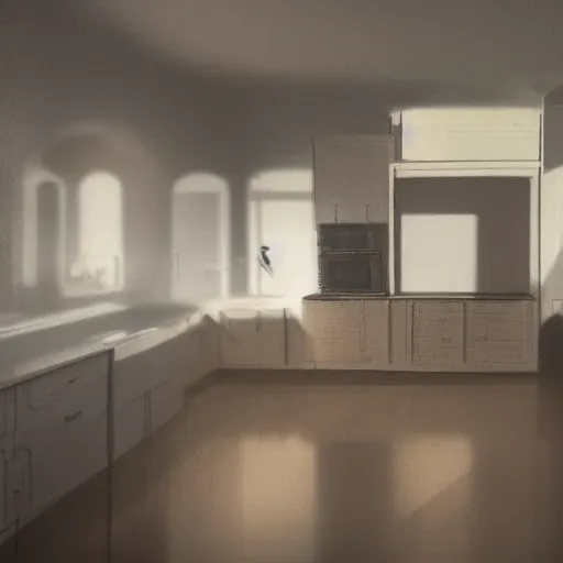 Image similar to ghost apparition floating in the middle of a kitchen, artstation, r/art, realistic, cam footage, thermal imaging