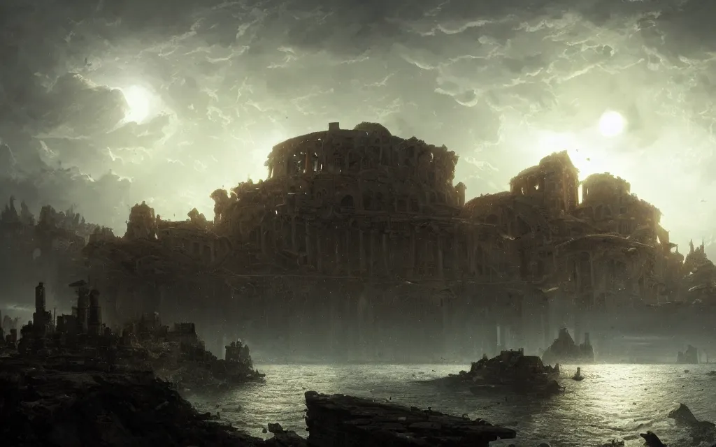 Image similar to high contrast longshot photograph of advanced civilization city ruins floating in a disc in the sky by hubert robert, lee madwick and bastien lecouffe - deharme 8 k artstation cinematic dramatic lighting