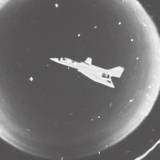 Image similar to a strangely circular bird flying in the night sky, footage from a 6 0 s fighter plane, black and white, grainy footage