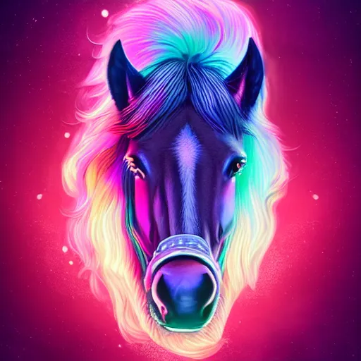 Prompt: digital horse, retrowave palette, highly detailed, anatomically correct equine, synth feel, smooth face, ear floof, flowing mane, no reins, super realism, snoof, accurate animal imagery, 4 k digital art