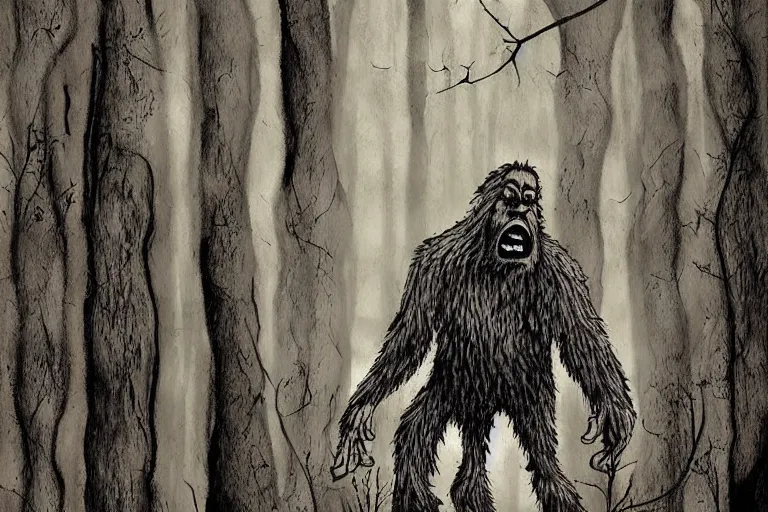 Image similar to mad bigfoot screaming in the woods artwork by ben templesmith