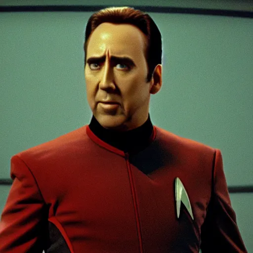 Image similar to Nicholas Cage as Data in the movie Star Trek, sci-fi movie cinematic frame, detailed, sharp