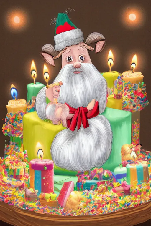 Prompt: a billy goat with a white beard, sitting in front of a birthday cake with many lit candles, by ben von strawn, highly detailed digital art