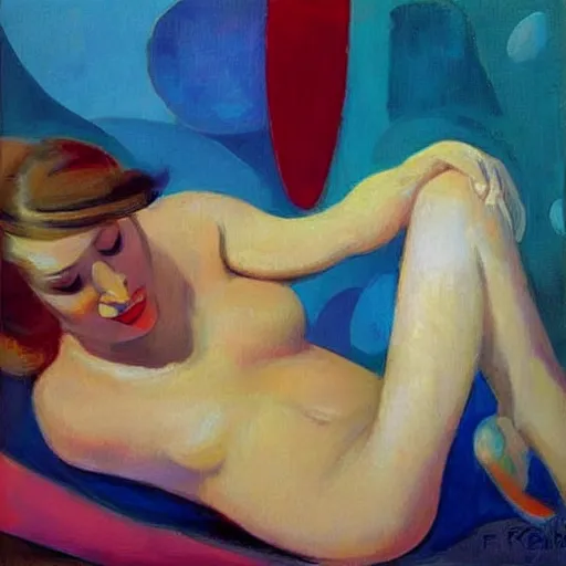 Prompt: painting, abstract expressionism, very abstract, blonde in bed, art deco, by art frahm, vladimir volegov, pablo picasso, wassily kandinsky