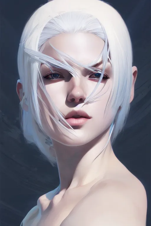 Image similar to a very beautiful white haired ninja girl, fantasy, portrait, sharp focus, intricate, elegant, digital painting, artstation, matte, highly detailed, concept art, illustration, ambient lighting, art by ilya kuvshinov, artgerm, alphonse mucha, and greg rutkowski