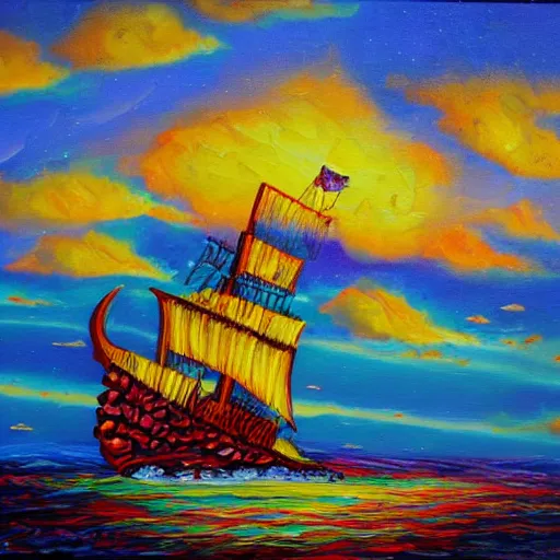 Image similar to pirate ship sailing on stormy seas, oil on canvas, vivid colors,