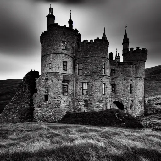 Prompt: haunted castle in the scottish highlands, highly detailed photography, sharp, crisp, ominous, spooky, macabre