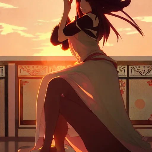 Image similar to anime in the style of arcane, beautiful gorgeous female shinobi sitting on an old oriental roof at sunset, wlop, alphonse mucha, greg rutkowski, ilya kuvshinov, sharp focus, backlit