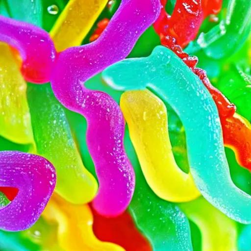 Prompt: macro image of a bowl full of gummy worms, realistic, glistening, slightly sprayed with water.