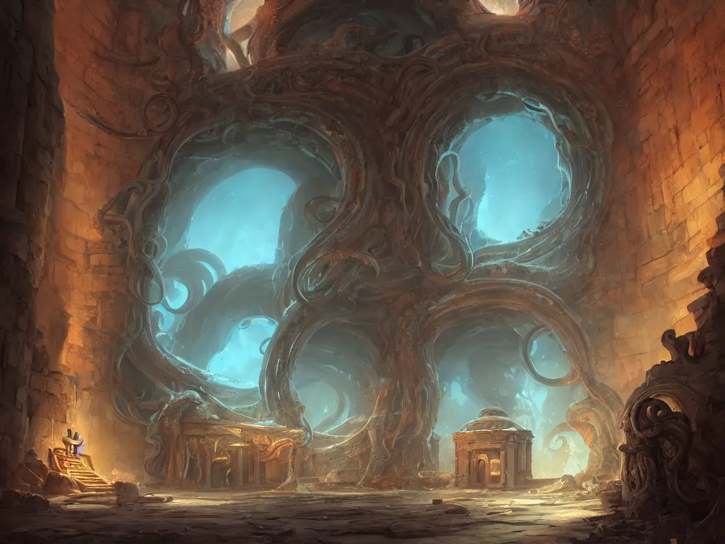 Prompt: A mysterious ancient middle eastern temple with tentacles coming out of the massive entrance art by Jordan Grimmer and Tyler Edlin, cosmic horror, trending on artstation, Ultra detailed, hyper realistic, 4k