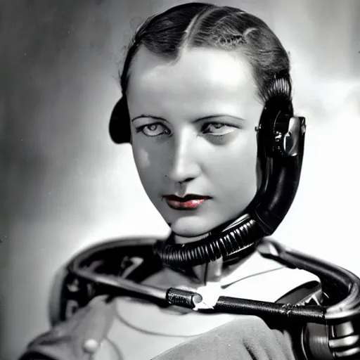Prompt: portrait photo of a beautiful female cyborg (((from 1930s)))